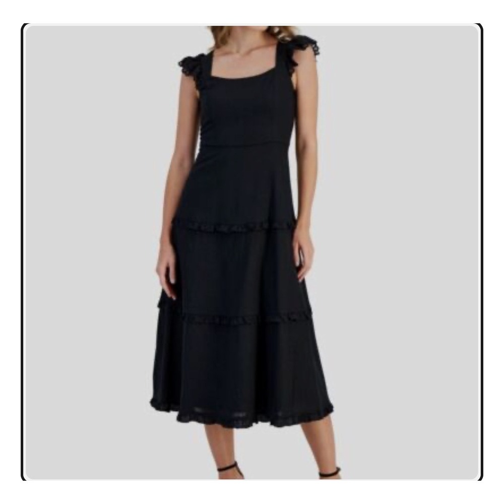 Anne Klein Black Linen Blend Midi Dress Size 4 Ruffle Sleeve Tiered